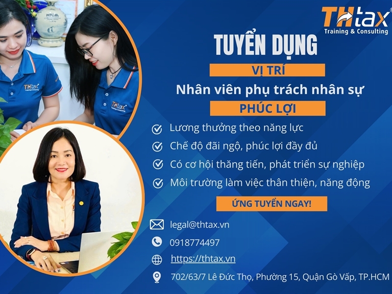 THTAX TUYỂN DỤNG NHÂN SỰ - Vị trí: Nhân viên phụ trách nhân sự