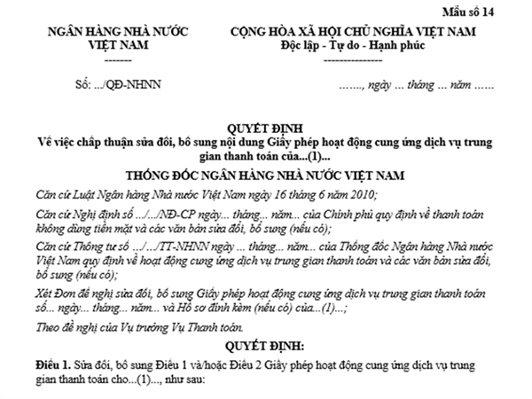 Form No. 14 attached to Decree 52/2024/NĐ-CP: Decision on Approval of Amendments or Supplements to the Content of the Payment Intermediary Service License