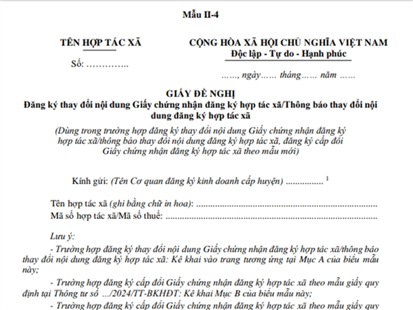 Giấy đề nghị đăng ký thay đổi nội dung Giấy chứng nhận đăng ký hợp tác xã/ Thông báo thay đổi nội dung đăng ký hợp tác xã (Phụ lục II-4, Thông tư số 09/2024/TT-BKHĐT)