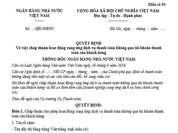 Mẫu số 04 kèm theo Nghị định 52/2024/NĐ-CP: Mẫu Quyết định về việc chấp thuận hoạt động cung ứng dịch vụ thanh toán không qua tài khoản thanh toán của khách hàng