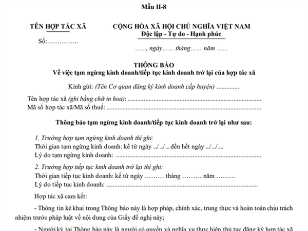 Notification of Temporary Suspension/Resumption of Business of the Cooperative (Appendix II-8, Circular No. 09/2024/TT-BKHDT)
