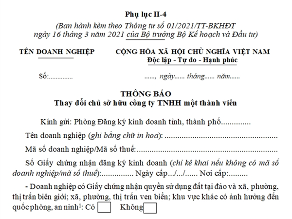 Thông báo thay đổi chủ sở hữu công ty TNHH một thành viên (Phụ lục II-4, Thông tư số 01/2021/TT-BKHĐT)