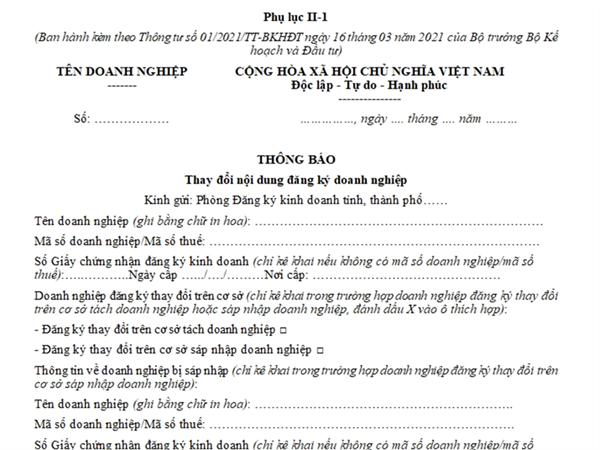 Thông báo thay đổi nội dung đăng ký doanh nghiệp (Phụ lục II-1, Thông tư số 01/2021/TT-BKHĐT)
