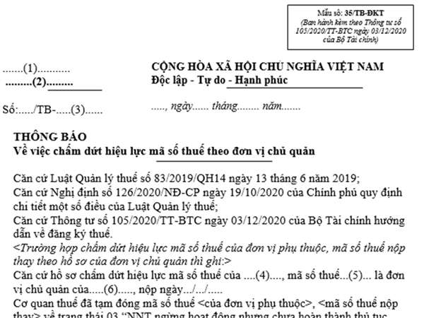 Thông báo về việc chấm dứt hiệu lực theo đơn vị chủ quản (Mẫu số: 35/TB-ĐKT ban hành kèm theo Thông tư số 105/2020/TT-BTC ngày 03/12/2020 của Bộ Tài chính)