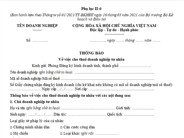 Thông báo về việc cho thuê doanh nghiệp tư nhân (Phụ lục II-6, Thông tư số 01/2021/TT-BKHĐT)