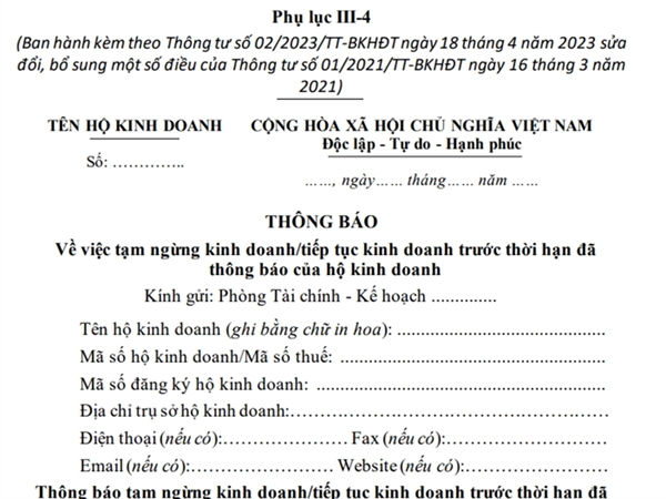 Thông báo về việc tạm ngừng kinh doanh/tiếp tục kinh doanh trước thời hạn đã thông báo của hộ kinh doanh (Phụ lục III-4, Thông tư số 02/2023/TT-BKHĐT)