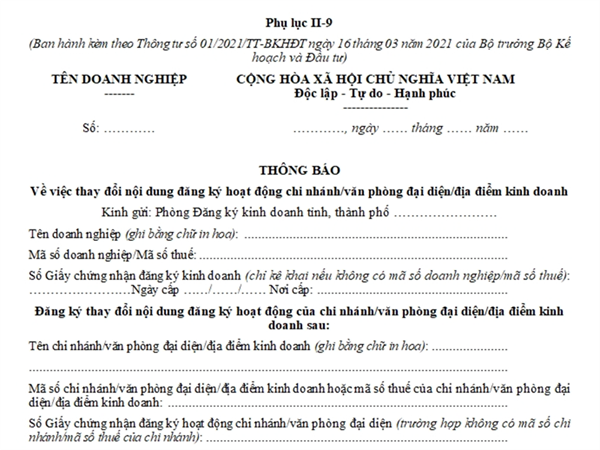 Thông báo về việc thay đổi nội dung đăng ký hoạt động chi nhánh/văn phòng đại diện/địa điểm kinh doanh (Phụ lục II-9, Thông tư số 01/2021/TT-BKHĐT)