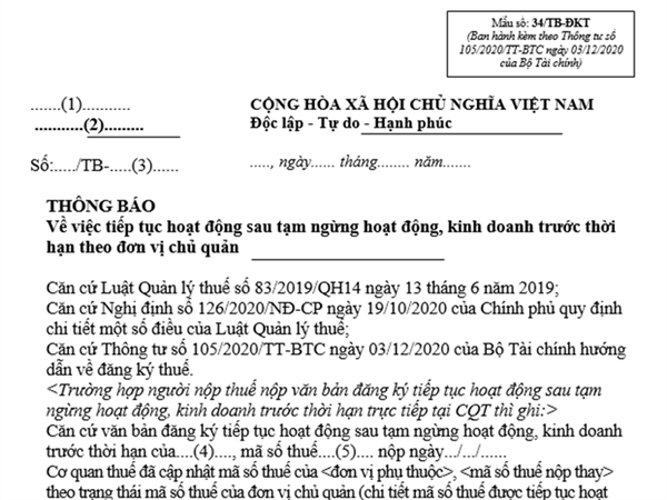 Thông báo về việc tiếp tục hoạt động sau tạm ngừng hoạt động, kinh doanh trước thời hạn theo đơn vị chủ quản