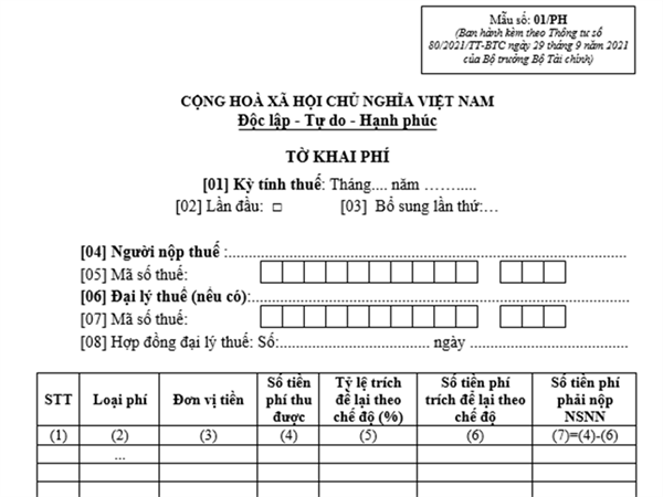 Tờ khai phí thuộc ngân sách nhà nước (Mẫu 01/PH kèm theo Thông tư 80/2021/TT-BTC)