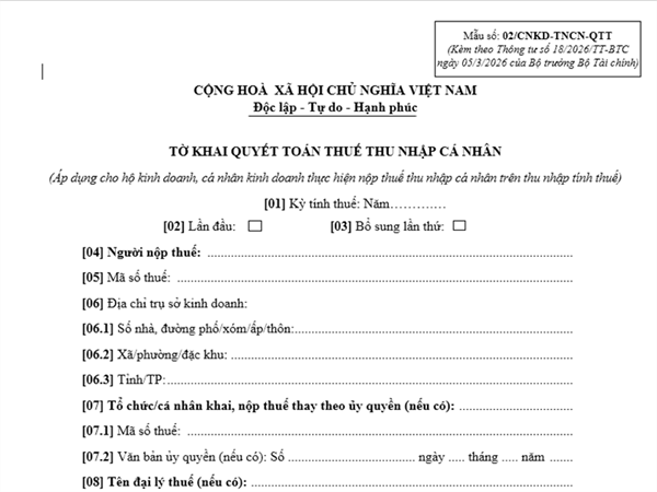 Tờ khai quyết toán thuế thu nhập cá nhân (Mẫu số: 02/CNKD-TNCN-QTT)
