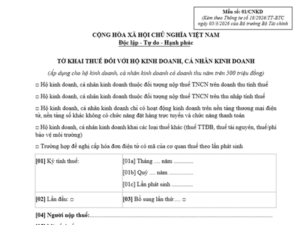 Tờ khai thuế đối với hộ kinh doanh, cá nhân kinh doanh (Mẫu số: 01/CNKD)