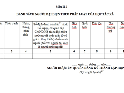 Danh sách người đại diện theo pháp luật của hợp tác xã (Phụ lục II-3, Thông tư số 09/2024/TT-BKHĐT)