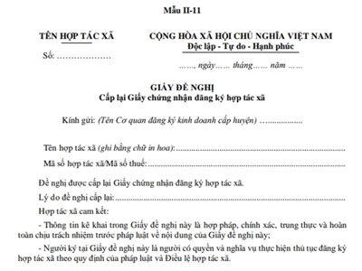 Giấy đề nghị cấp lại Giấy chứng nhận đăng ký hợp tác xã (Phụ lục II-11, Thông tư số 09/2024/TT-BKHĐT).