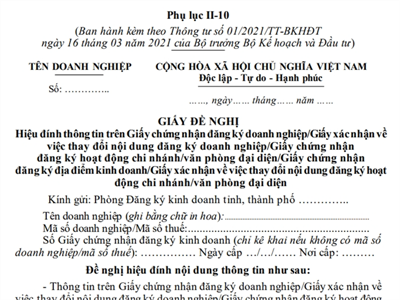 Giấy đề nghị Hiệu đính thông tin trên Giấy chứng nhận đăng ký doanh nghiệp (Phụ lục II-10, Thông tư số 01/2021/TT-BKHĐT)