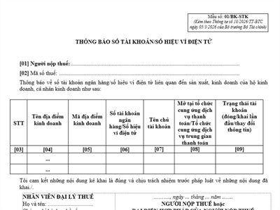 Thông báo số tài khoản/số hiệu ví điện tử (Mẫu số: 01/BK-STK)