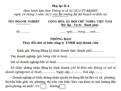 Thông báo thay đổi chủ sở hữu công ty TNHH một thành viên (Phụ lục II-4, Thông tư số 01/2021/TT-BKHĐT)