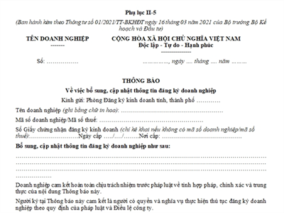 Thông báo về việc bổ sung, cập nhật thông tin đăng ký doanh nghiệp (Phụ lục II-5, Thông tư số 01/2021/TT-BKHĐT)