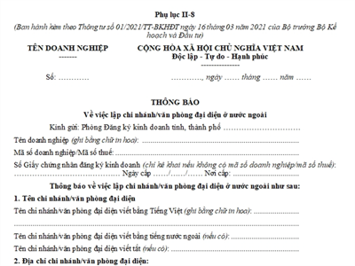 Thông báo về việc lập chi nhánh/văn phòng đại diện ở nước ngoài (Phụ lục II-8, Thông tư số 01/2021/TT-BKHĐT)