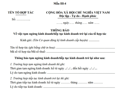 Thông báo về việc tạm ngừng kinh doanh/tiếp tục kinh doanh trở lại của tổ hợp tác (Phụ lục III-4, Thông tư số 09/2024/TT-BKHĐT).